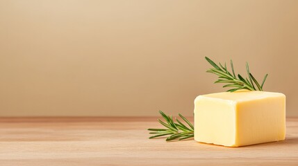 Fresh butter with rosemary on a wooden surface