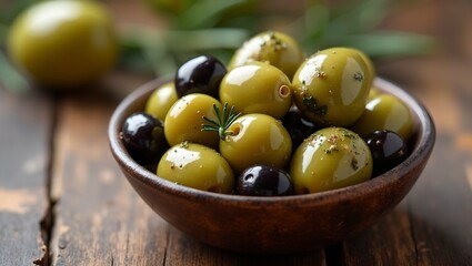 Wall Mural - Fresh olives variety in a rustic bowl with herbs on wooden table