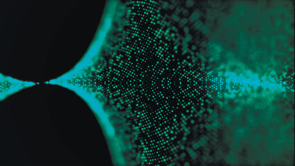 Wall Mural - Futuristic particle wave. Abstract technology background. Rotating swirling particle shapes. Dark background. Big data visualization. Vector illustration.