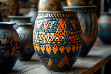 A colorful, intricately designed ceramic pot featuring geometric patterns, surrounded by other artisanal pots on a wooden surface.