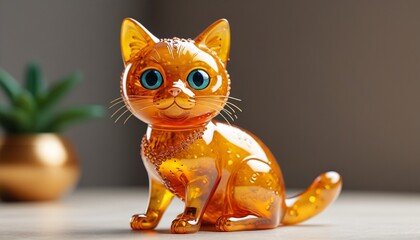 A charming amber cat figurine with sparkling eyes and a playful posture, bringing a touch of warmth and personality to any home decor, Generative AI