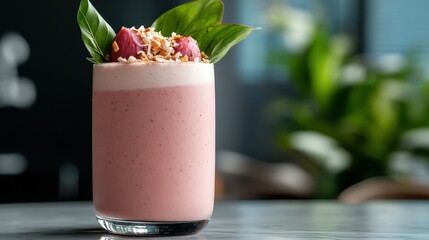 A sophisticated pink smoothie served in a glass with decorative leafy garnishes, offering a refreshing treat with a lush green blurred background. Perfect culinary image.