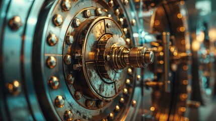 A metal bank vault's detailed close-up shows a secure door with a gold handle, sturdy design, and central lock dial for protecting valuables within.