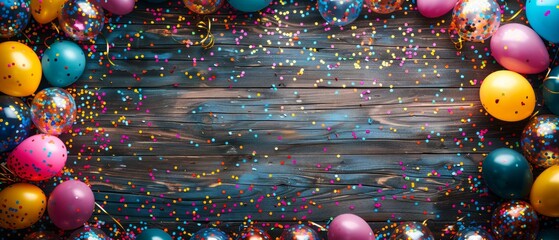Wall Mural - top view of a dark wooden table with colorful birthday decorations like balloons and confetti, creat