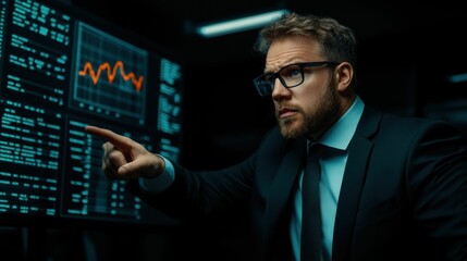 A man in a suit pointing at a computer screen with a graph on it