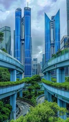 Wall Mural - Futuristic skyline with unique bridge architecture and towering blue buildings in vibrant metropolis