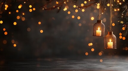 Two elegant candle lanterns hang among soft, glowing bokeh lights, creating an inviting and magical atmosphere with rustic elegance.