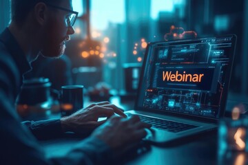 Wall Mural - programmer attending webinar on laptop in futuristic office at night