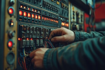 Poster - Electrician connecting wires to control panel in factory