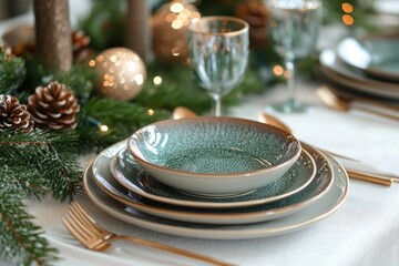 Wall Mural - Christmas table setting decorated with fir branches, candles and string lights