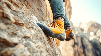 Wall Mural - A rock climber's feet on a rock face, with the cliff in the background.