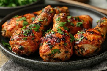 Wall Mural - Delicious roasted chicken drumsticks garnished with fresh parsley on a black plate