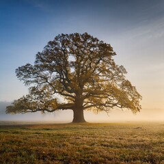 Sticker - old oak tree standing on the foggy field