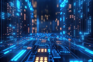 Leinwandbilder - Futuristic circuit board forming an endless cityscape at night