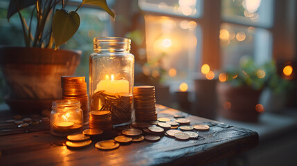 Jar filled with coins and lit candles on a wooden table in a cozy room, creating a warm, reflective ambiance