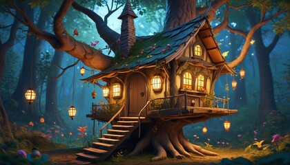 A delightful fairy hut perched on a tree branch, surrounded by glowing lanterns and enchanted creatures in a vibrant forest setting, Generative AI