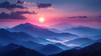 Serene sunset over layered mountains with a misty valley below.