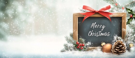 Wall Mural - Handwritten Merry Christmas on Black Chalk Wooden Board with Snowy Background, Merry Christmas Sign on Snow