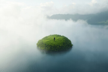 In the early morning, a person is spotted on a small island, enveloped by thick mist and serene water, with distant mountains creating a tranquil backdrop.