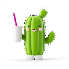 A cheerful green cactus character holding a drink, embodying a fun and playful vibe.