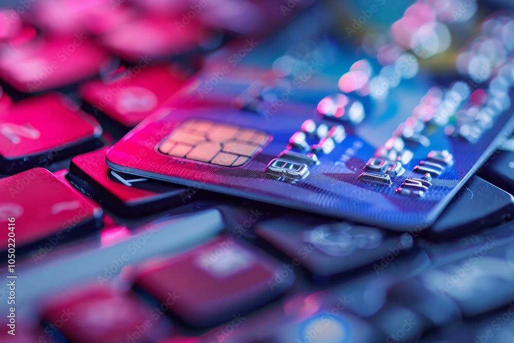 Blue credit card is laying on a black computer keyboard with colorful ...