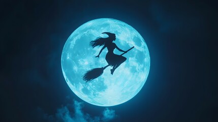 Silhouette Witch Flying on Broom with Full Moon Background