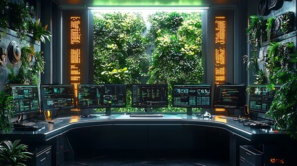 Wall Mural - A futuristic office space with multiple monitors displaying data and code, surrounded by lush greenery and a large window overlooking a tropical rainforest.