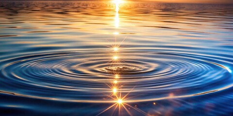 Poster - Ripples on the surface of a still body of water, with the setting sun reflecting in the water, creating a dazzling display of golden light.