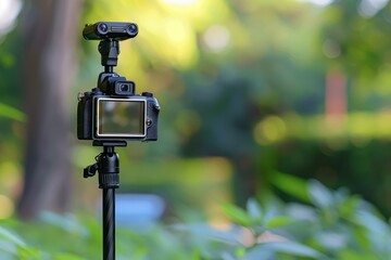 Camera on a tripod is recording a video blog in a park with a blurred background