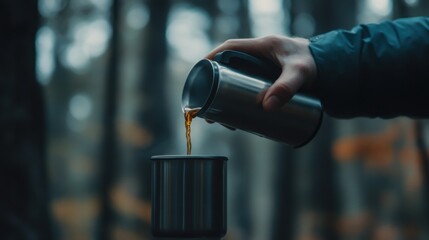 A low-angle view of someone pouring from the thermos into a cup, with the background softly blurred for action.