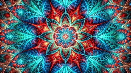 Poster - Intricate Kaleidoscope of Red, Teal, and Gold Hues, Creating a Floral Mandala of Interlocking Patterns