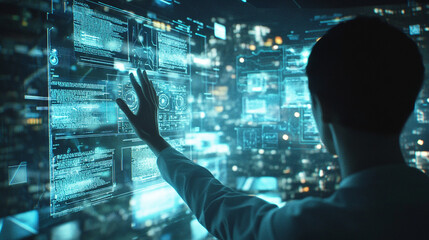 Futuristic Technology Interface   Programmer Working on Digital Screen