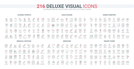 Wall Mural - medicine in hospital and healthcare service for elderly line icon set. medical devices, electric app