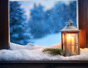 Wall Mural - christmas and winter background with snowed window lit candle on a windowsill