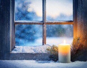 Wall Mural - christmas and winter background with snowed window lit candle on a windowsill