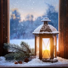 Wall Mural - christmas and winter background with snowed window lit lantern on a windowsill