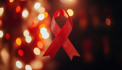 A vibrant red awareness ribbon stands out against a blurred, colorful background, symbolizing support for health-related causes and initiatives.