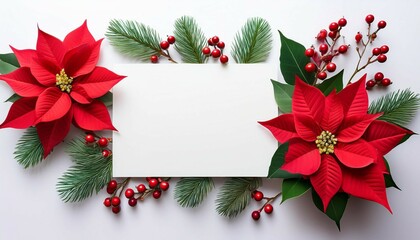 Wall Mural - christmas decoration flowers of red poinsettia branch christmas tree berries mistletoe red berries with white paper card note with space for text on white background top view flat lay