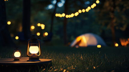 A cozy outdoor scene featuring lanterns and fairy lights illuminating a tent amid a tranquil, green landscape at dusk.