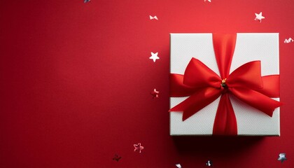 Wall Mural - top view on christmas gift box with red bow on red background