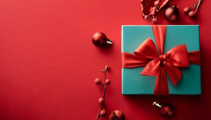 Wall Mural - top view on christmas gift box with red bow on red background