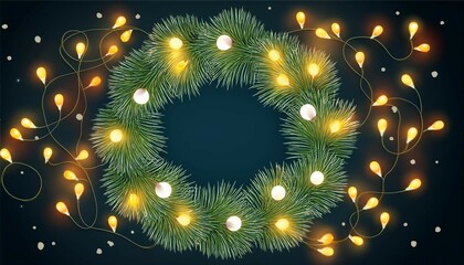 Wall Mural - christmas branch decorative wreath with glowing lights on dark background