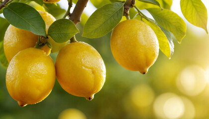 Bunches of fresh yellow ripe lemons on lemon tree branches in summer garden