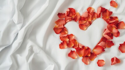 White bed linens with rose petals arranged in a heart shape, creating a romantic Valentine's surprise