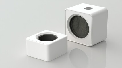 Acoustic speaker with its front grille removed, revealing the internal components like the woofer and tweeter in a clean, modern design.