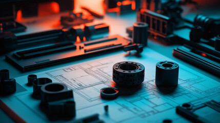 produced plastic parts on a construction plan