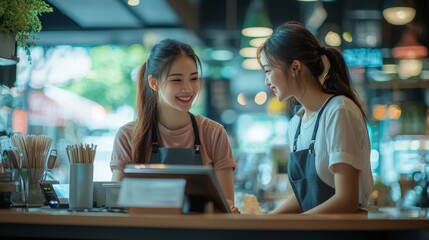 An experienced cashier training a new employee on the register and customer service techniques