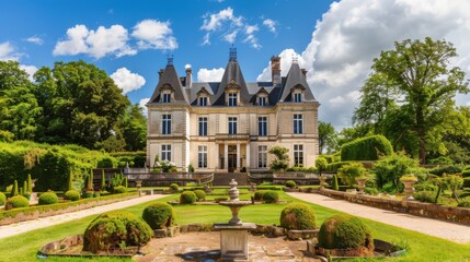 Poster - A charming view of a French chateau surrounded by meticulously landscaped gardens and a clear blue sky, elegant setting with refined architecture, Chateau style