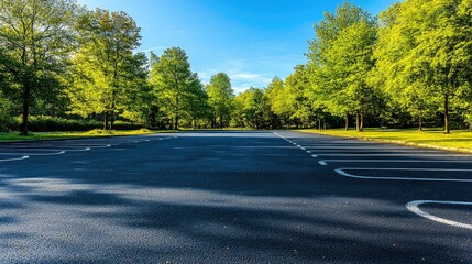 a large, open asphalt parking lot with clearly defined parking space markings, stretching into the d