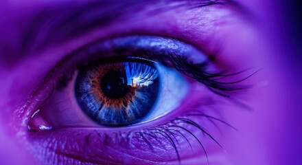 Close-up of eye with vibrant blue, pink lighting, visible eyelashes, eyebrows